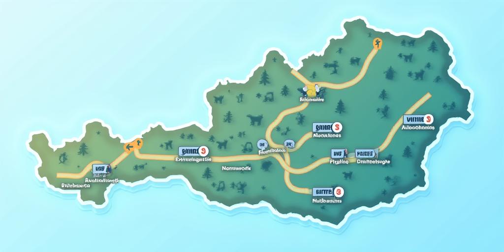 Eine stilisierte Karte von Österreich mit markierten Autobahnen und Zonen